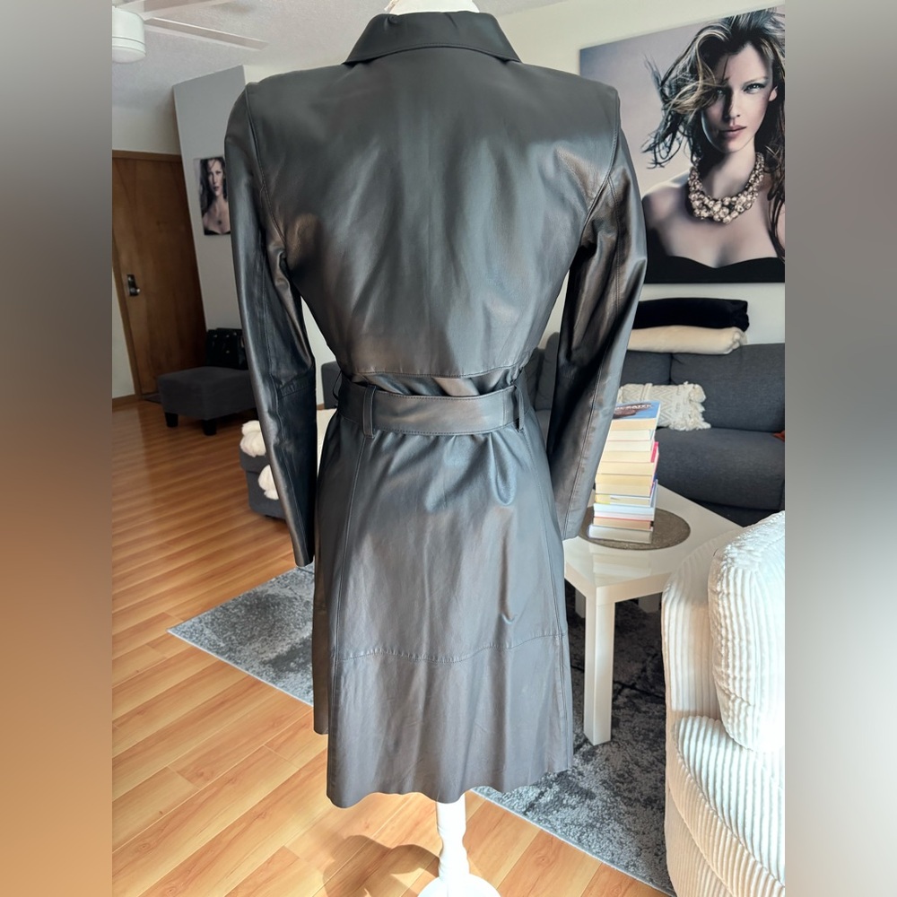 DKNY Black Leather Trench Coat - Picture 4 of 8